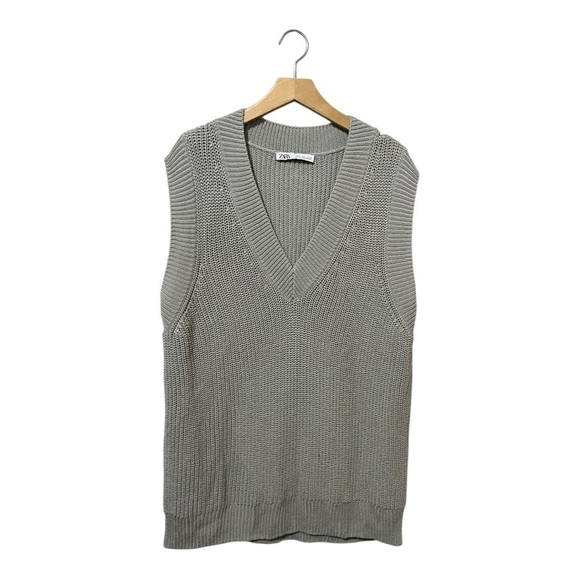 ZARA Cable Knit Vest V Neck Linen Blend Sweater Women's Large Gray Knit L - Picture 1 of 5